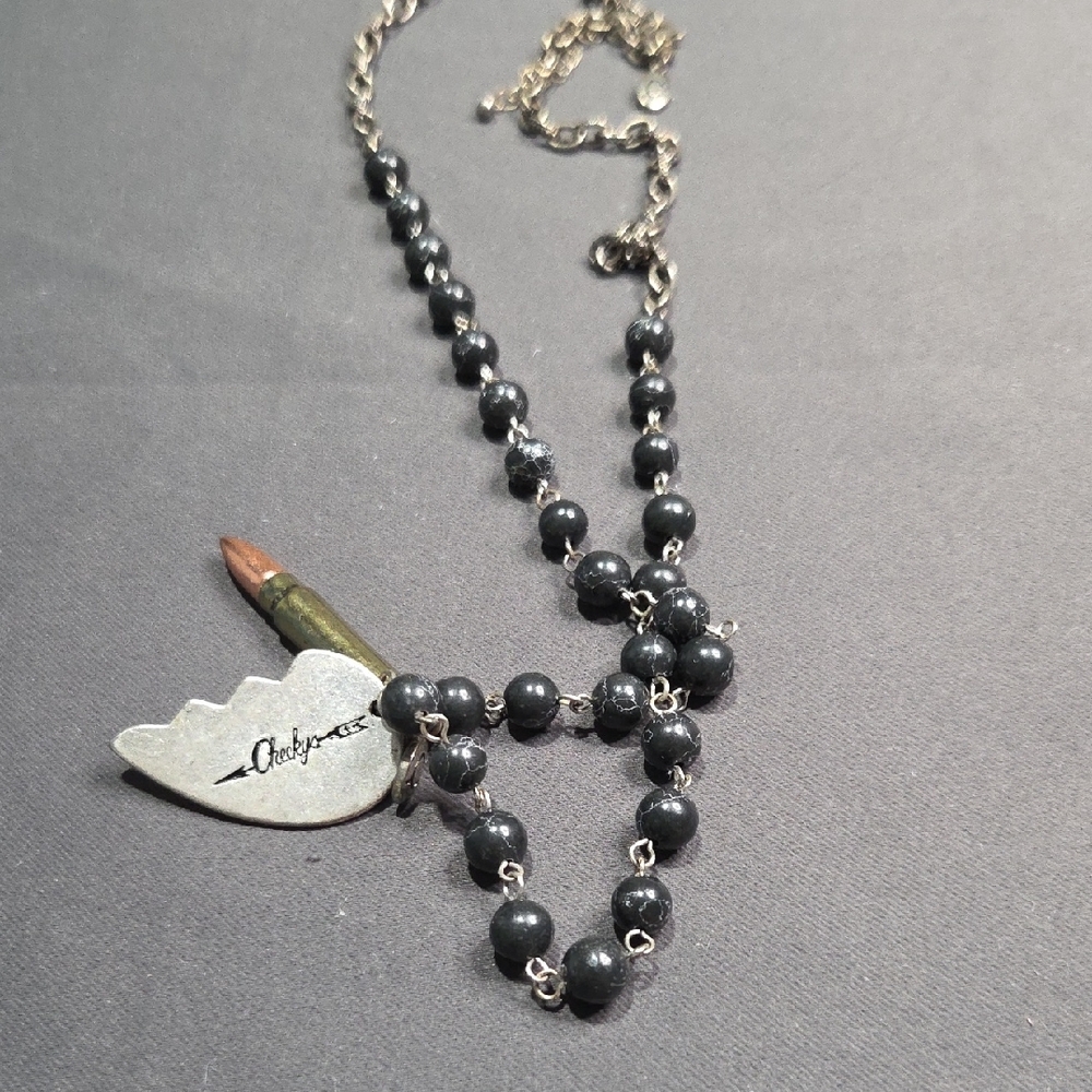 Silver and Black Beaded Necklace with Bullet Pendant - Picture 5 of 5